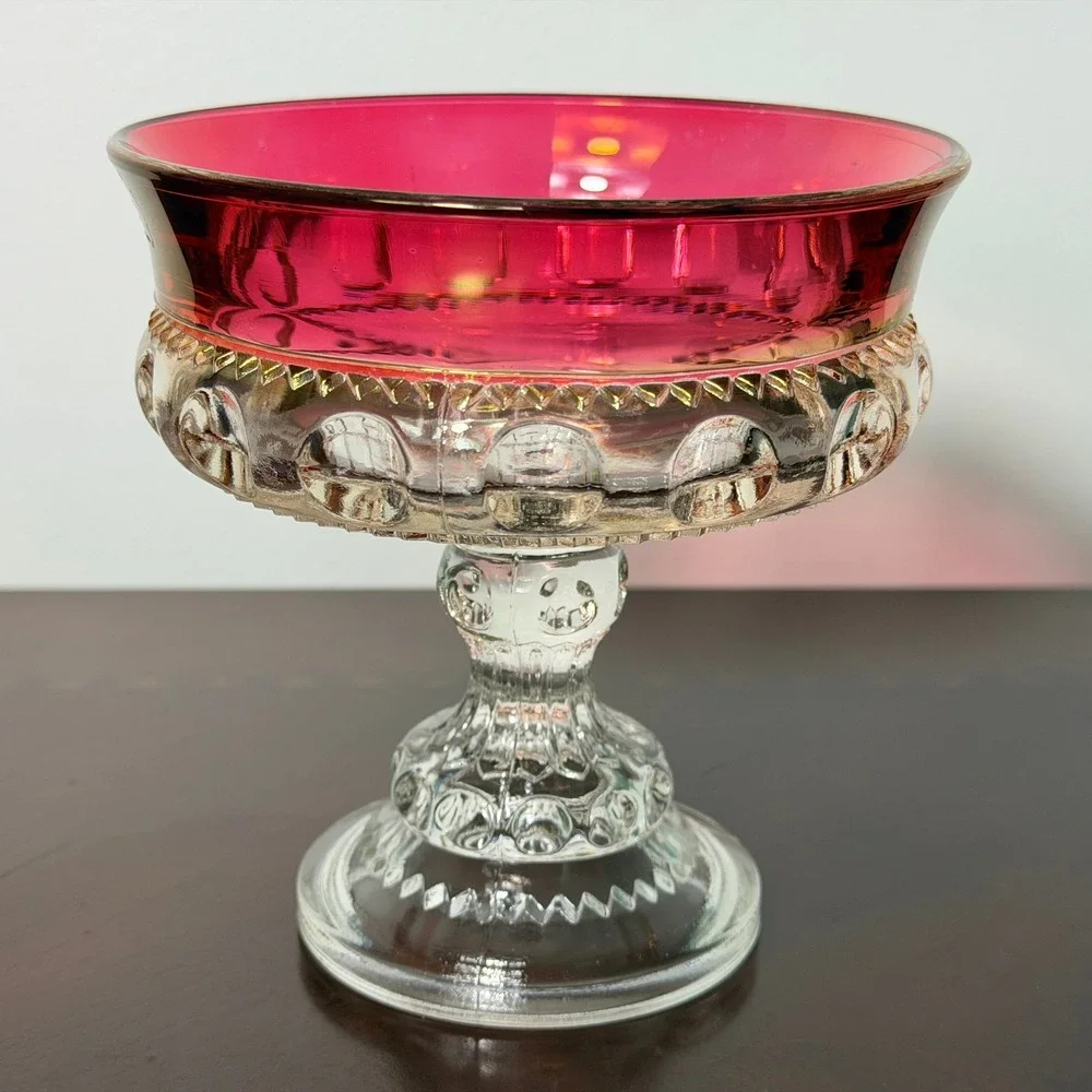 Vintage Indiana Glass Kings Crown Thumbprint Ruby Flash Compote Pedestal Bowl